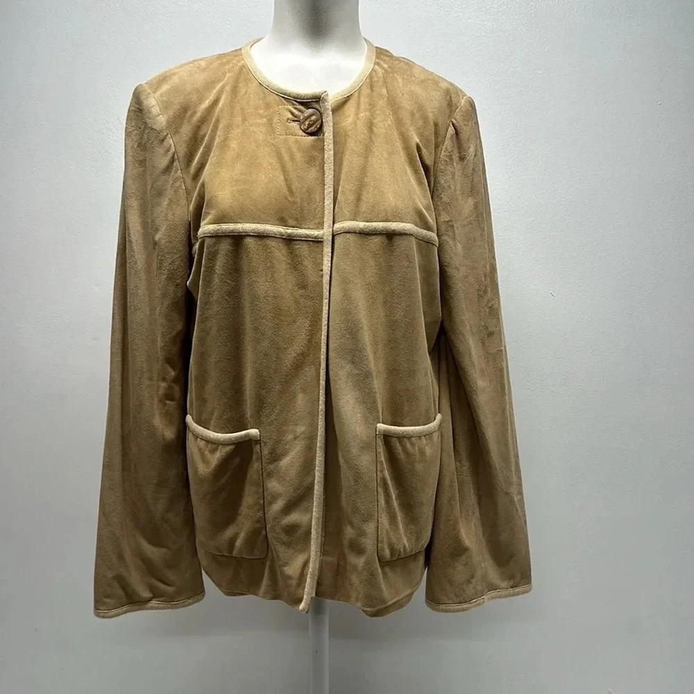 St John Suede Leather Coat Jacket Cashmere Lined Pockets Tan Beige Womens Size 8